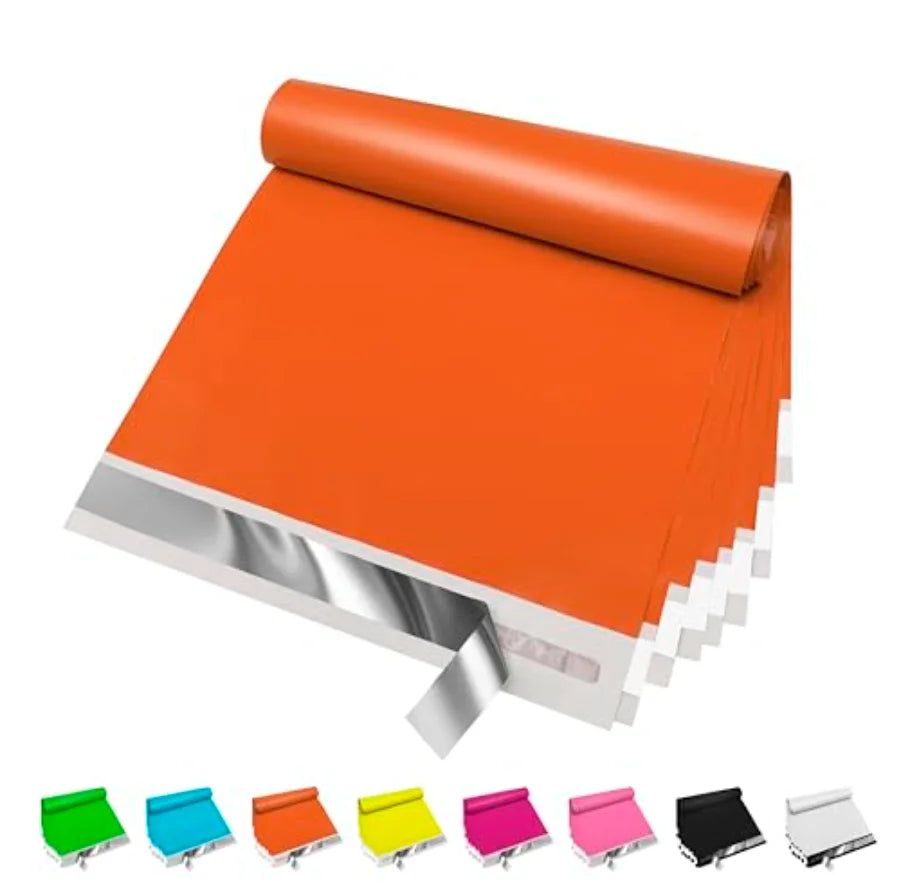 Orange waterproof self-sealing poly mailer pouch set with sealed seam flap