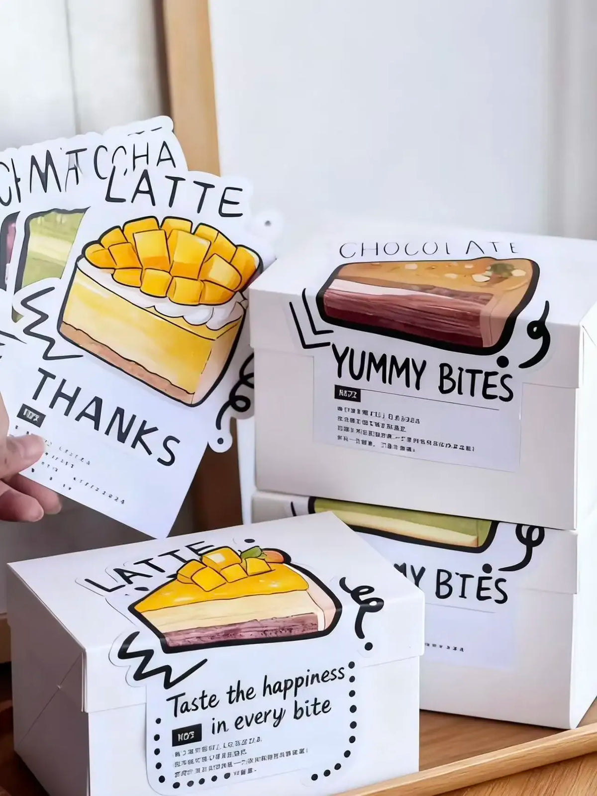 Assorted cake-themed PVC sticker labels for chocolate and yummy bites