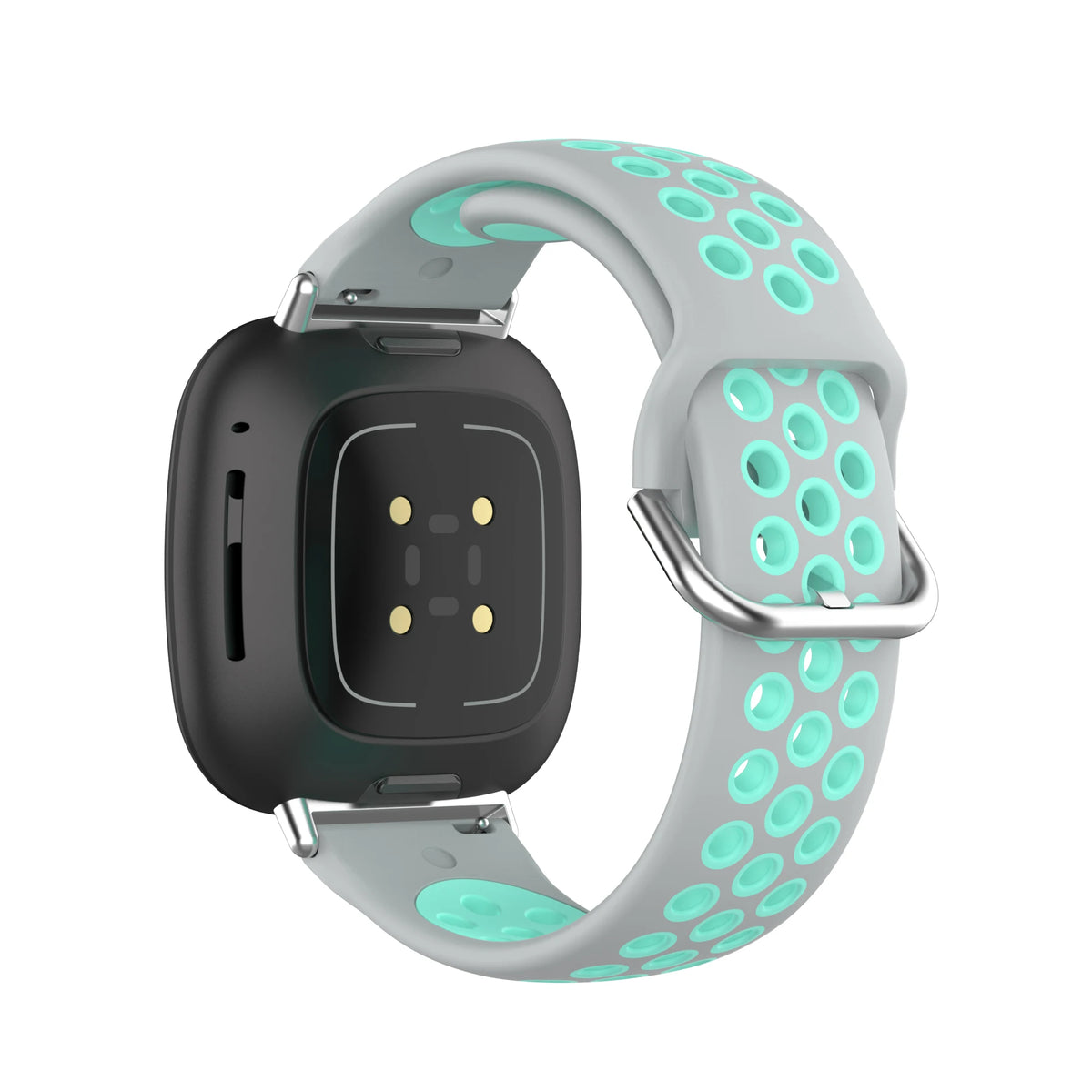 Light gray silicone sport watch band with turquoise circular pattern and metal buckle