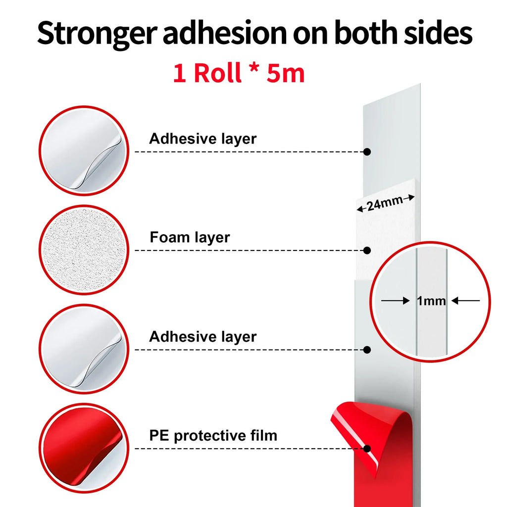 Red double-sided foam tape diagram showing adhesive layers, foam core, 24mm width