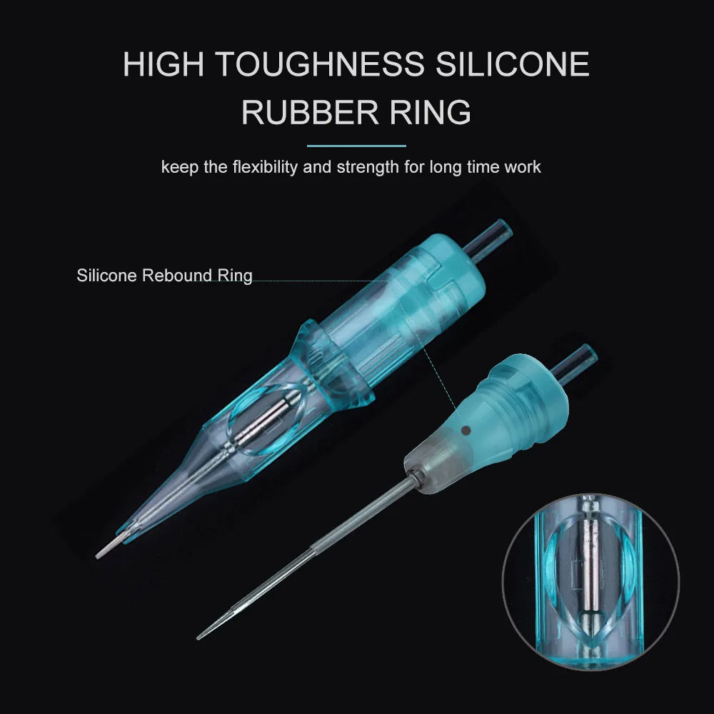 Translucent blue silicone rebound ring for tattoo needle cartridges to maintain flexibility and needle tension.