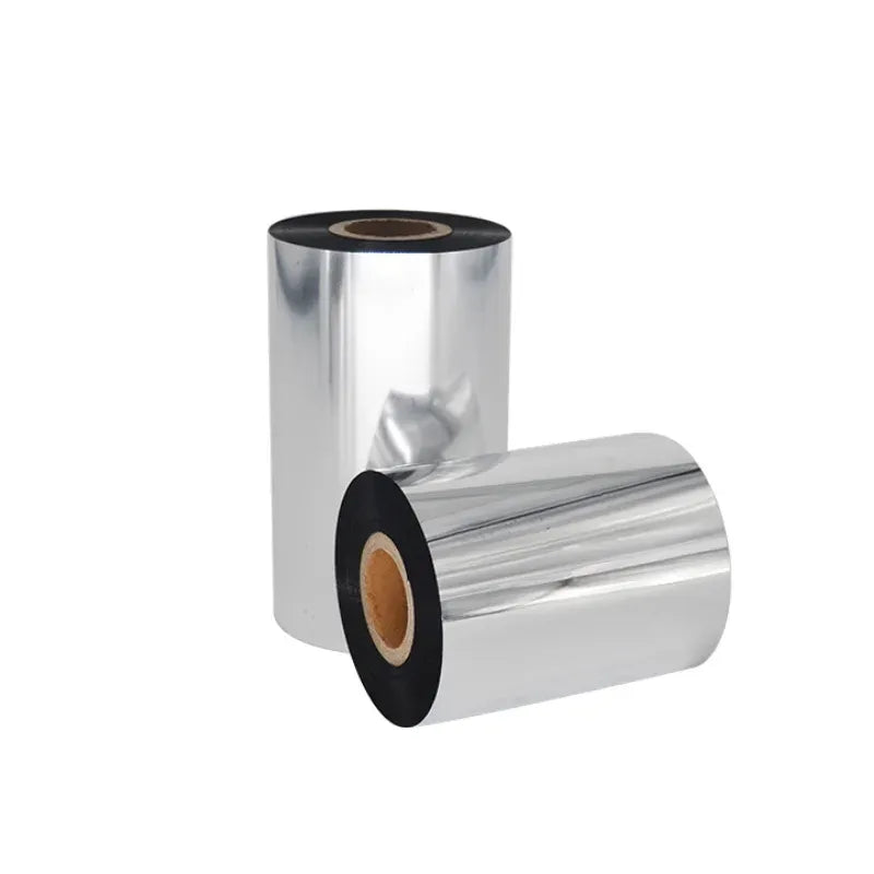 Two thermal transfer ribbon rolls with silver film, black side rings, and brown cores