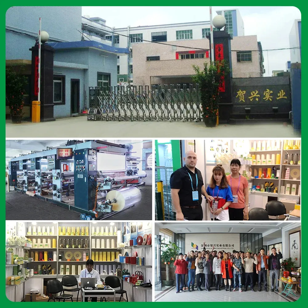 Promotional collage featuring offices and production areas for cloth duct tape