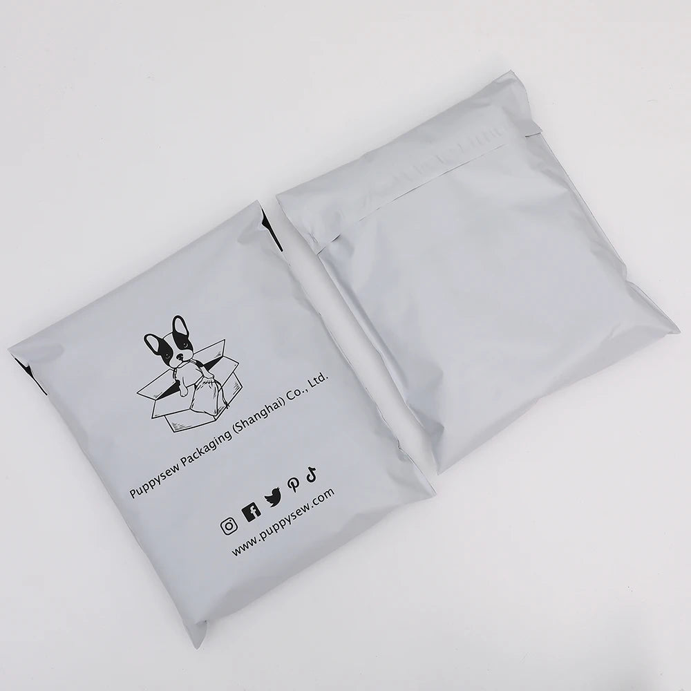 White poly mailer shipping bags with printed logo and social icons