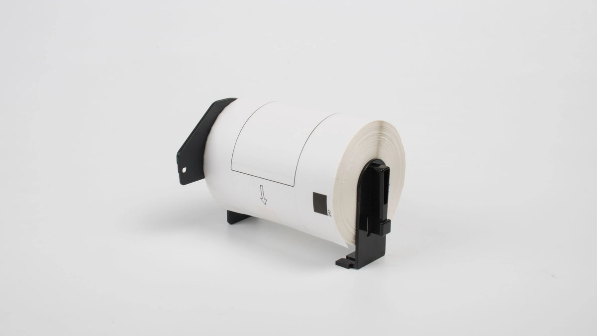 Thermal label roll tape cartridge, white roll with black feed handle and side window