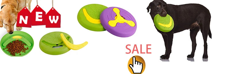 Durable TPR dog puzzle feeder and chew toy for teeth cleaning and interactive play, available in green and purple.
