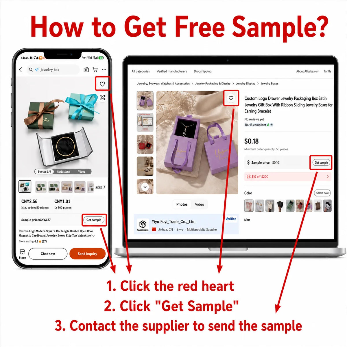 Printed promotional graphic showing steps to request a sample on phone screens