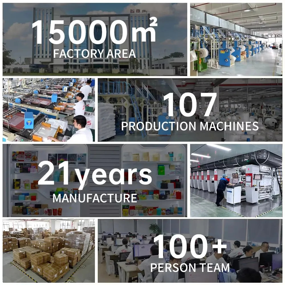 Factory overview collage with 15000m², 107 machines, 21 years, 100+ team