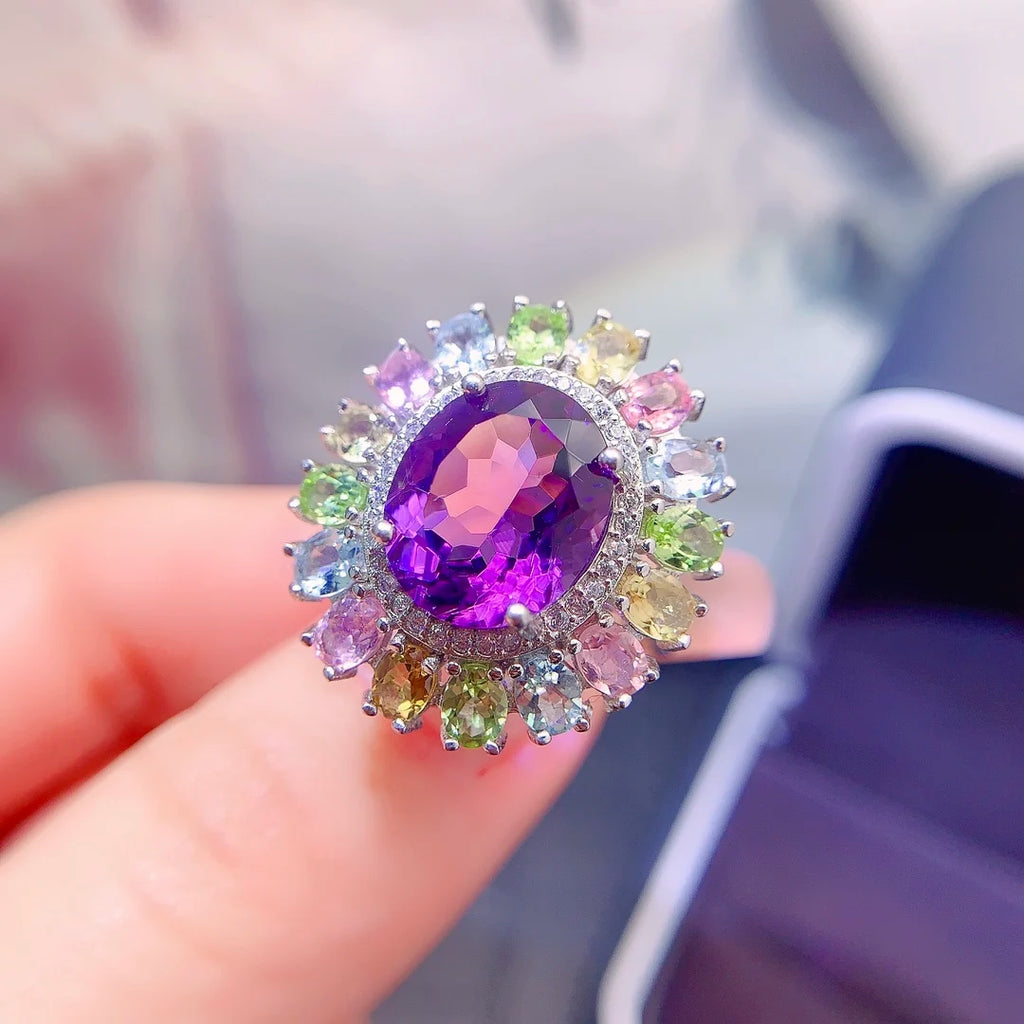 Women's 925 Sterling Silver Fine Jewelry Set Natural Tourmaline Amethyst for Parties Weddings