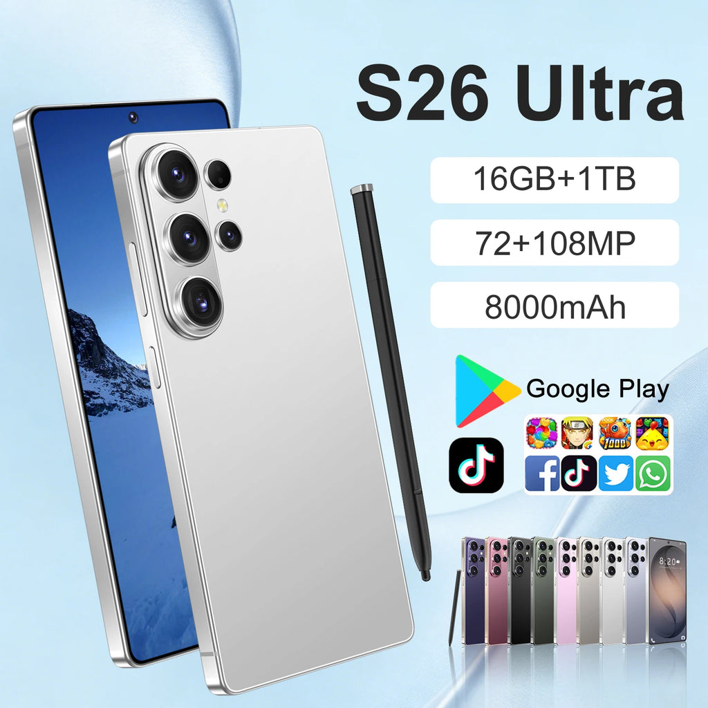 Original S26 Ultra 5G smartphone with 16GB RAM and 1TB storage showing high-definition camera and dual SIM design