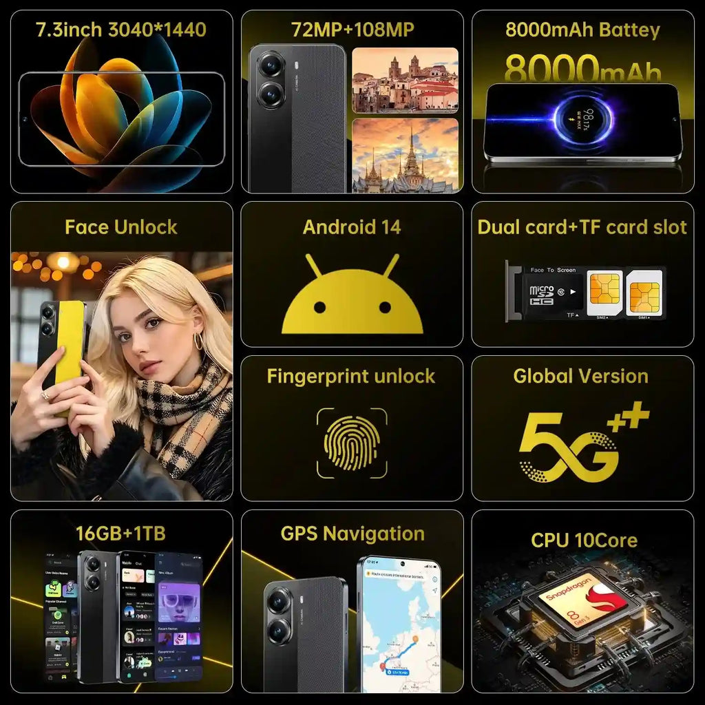 Real High Quality Mobile Phone X7 Pro 5G Smartphone Global 5G Android 14 7.3 Inch Big Screen 16+1TB X7 Pro Smart Phone Cellphone Tidesmit