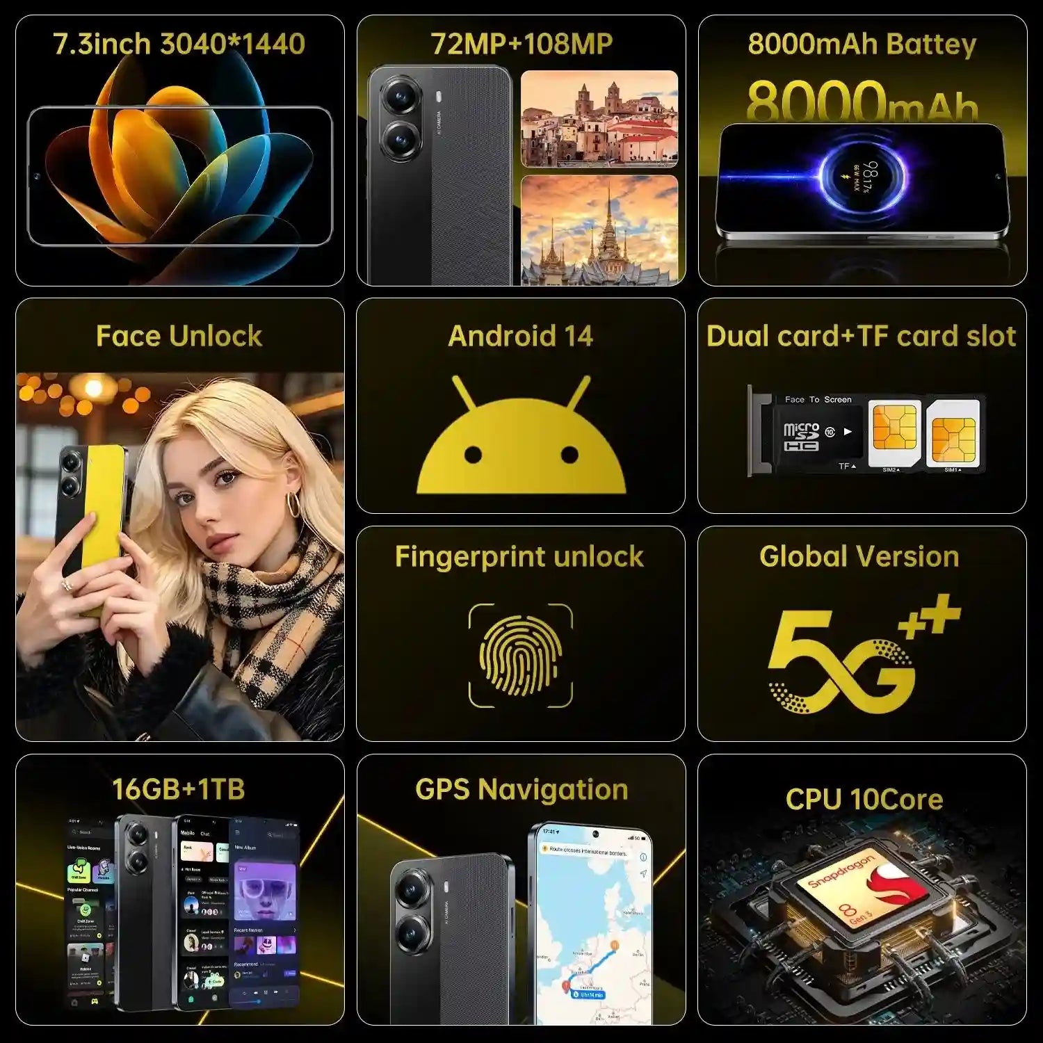 Real High Quality Mobile Phone X7 Pro 5G Smartphone Global 5G Android 14 7.3 Inch Big Screen 16+1TB X7 Pro Smart Phone Cellphone Tidesmit