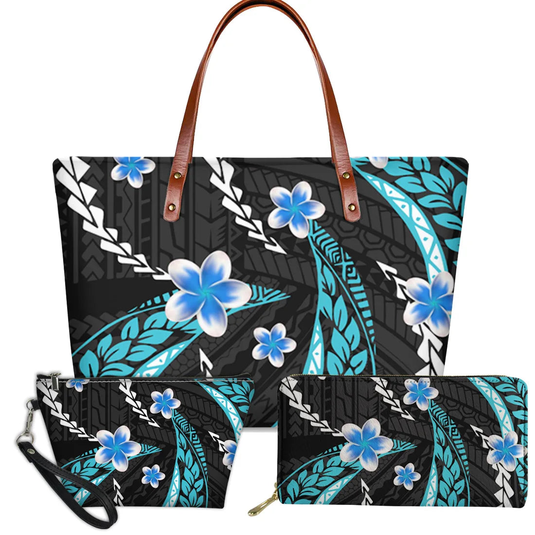 3-piece set of black Polynesian tribal turtle and blue plumeria floral handbags with brown leather shoulder straps.