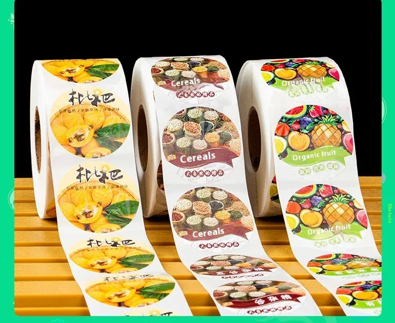 Adhesive label sticker roll with cereals and organic fruit printed circular labels