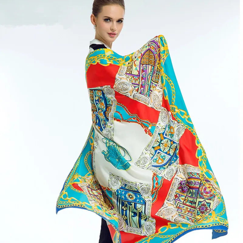 Twill Silk Feeling Scarf for Women 130*130 cm Euro Design Fashion Leopard Chain Print Square Scarves Luxury Gift Large Shawls