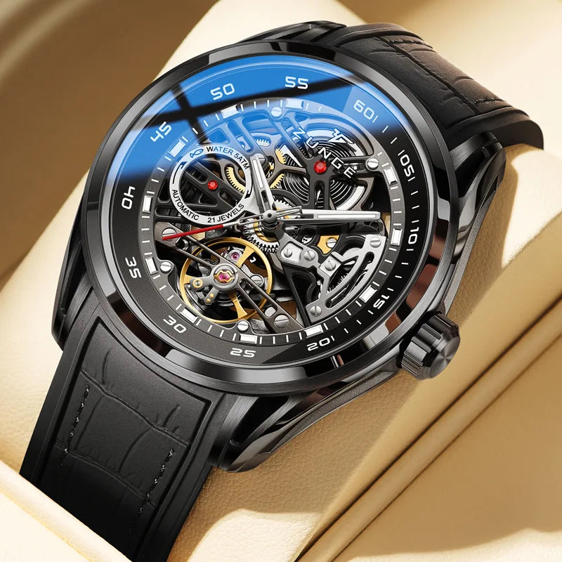Luxury Fully Automatic Hollow Dial Mechanical Men's Watch Multifunctional Luminous Leather Strap Fashionable Business Watch