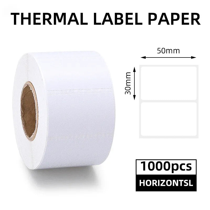White thermal label paper roll, 50x30mm blank labels shown with size guide