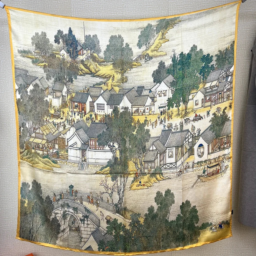 105cm Large Square Scarf Mulberry Silk Crepe Satin Shawl Printed Floral Scarf
