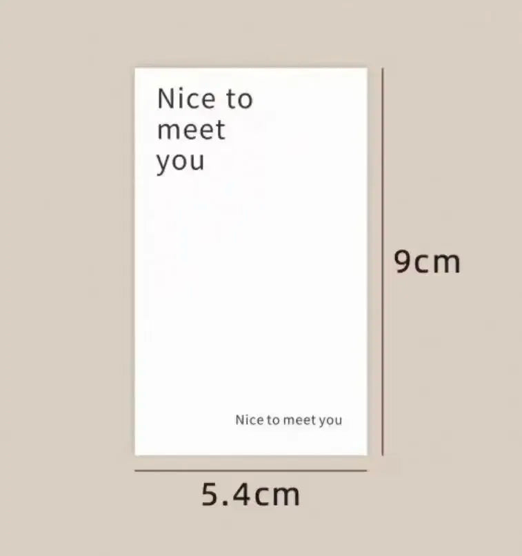 White sticker label card reading 'Nice to meet you' sized 9cm by 5.4cm