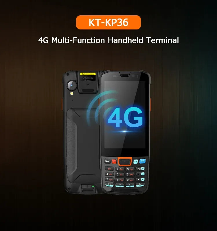 Black 4G rugged PDA handheld terminal with rear and front views, touchscreen and keys