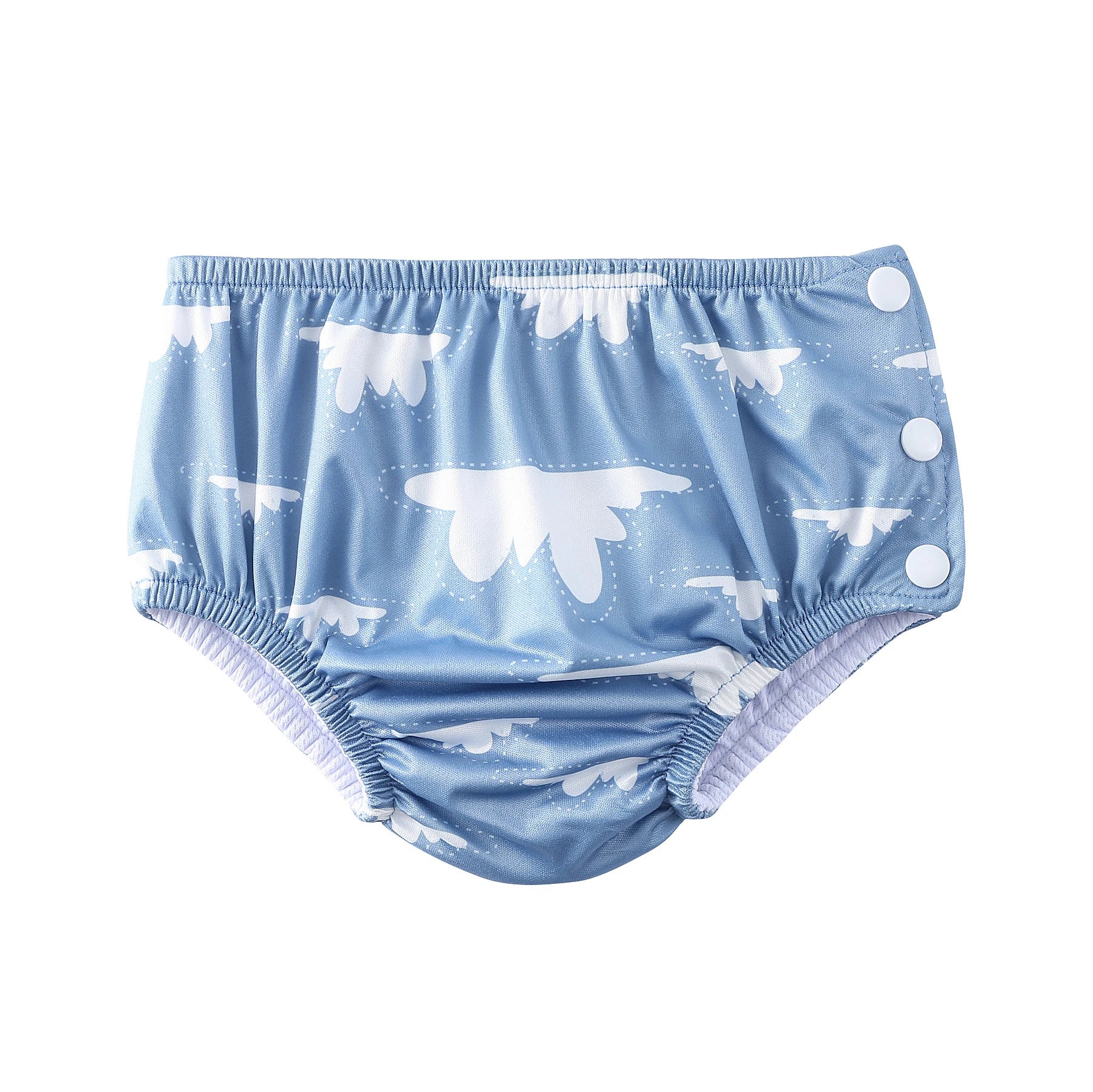 Blue cloud print reusable baby swim diaper with side snap closures for easy changes. Comfortable baby care essential.