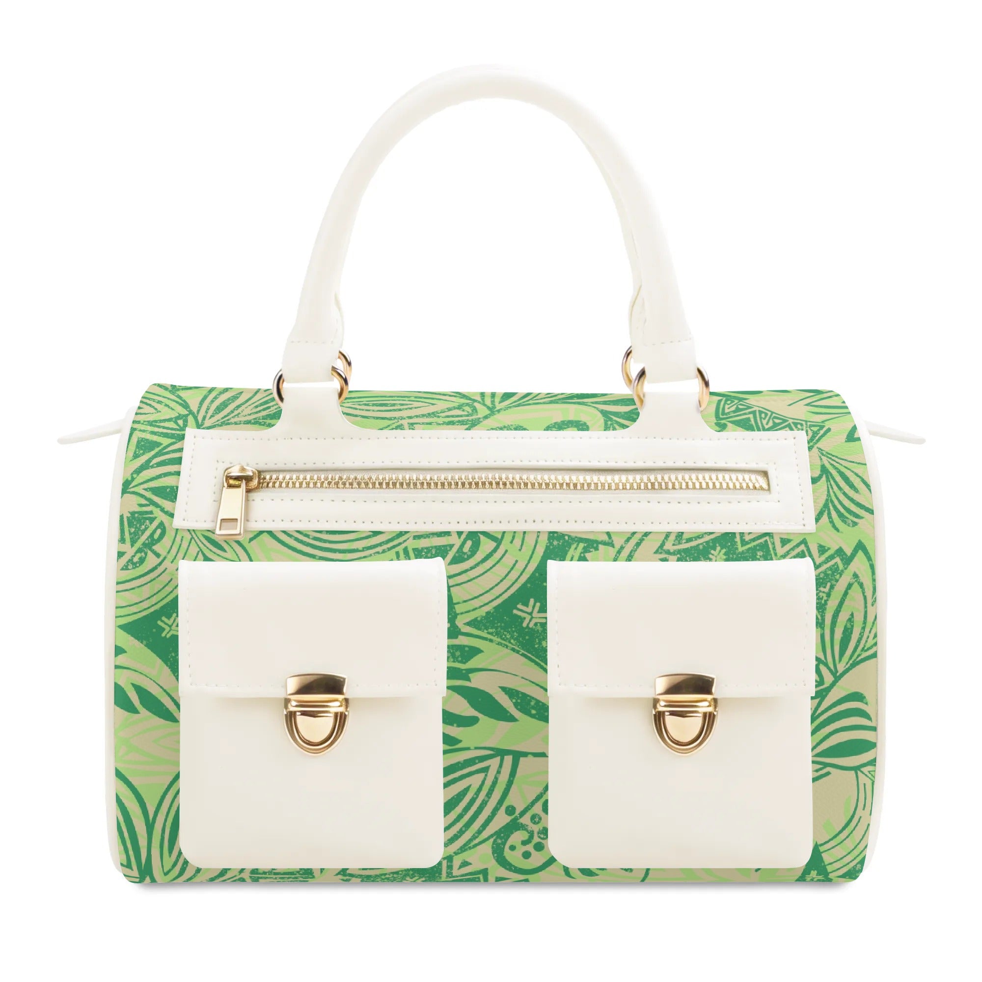 Green leaf-print PU leather designer tote with white pockets, gold zippers, and shoulder straps. Large capacity purse.