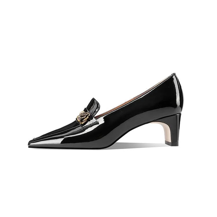 Ladies Genuine Leather Square Toe Block Heel Slip-On Formal Office Pumps with Height Increasing