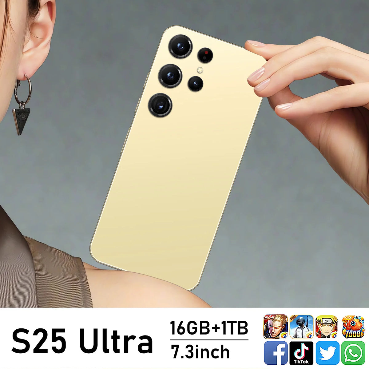 Android smartphone with gold back and quad rear cameras, held up for display.