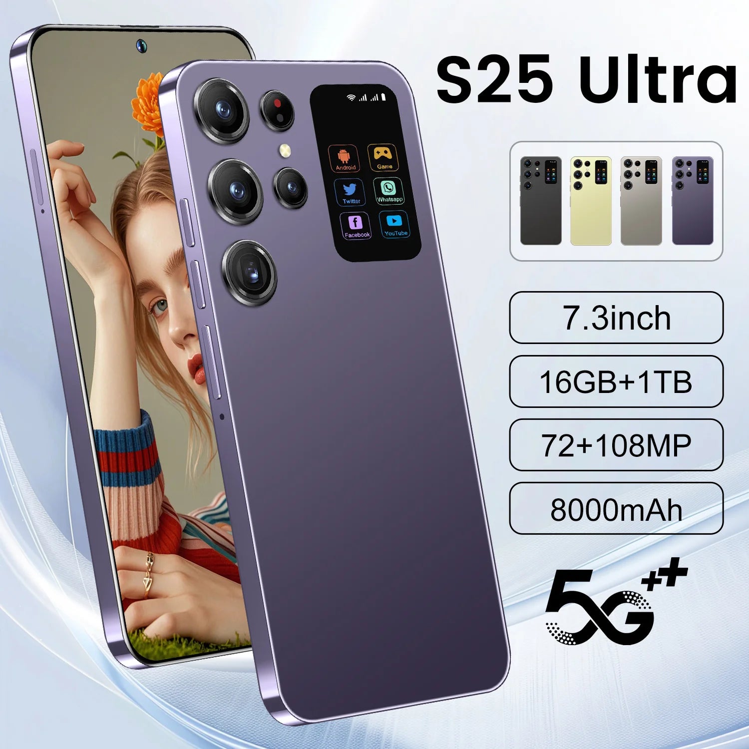 Tidesmit 7.3-Inch 5G Smartphone, 16GB RAM, 1TB Storage, Unlocked Mobile Purple 16g 1TB Tidesmit