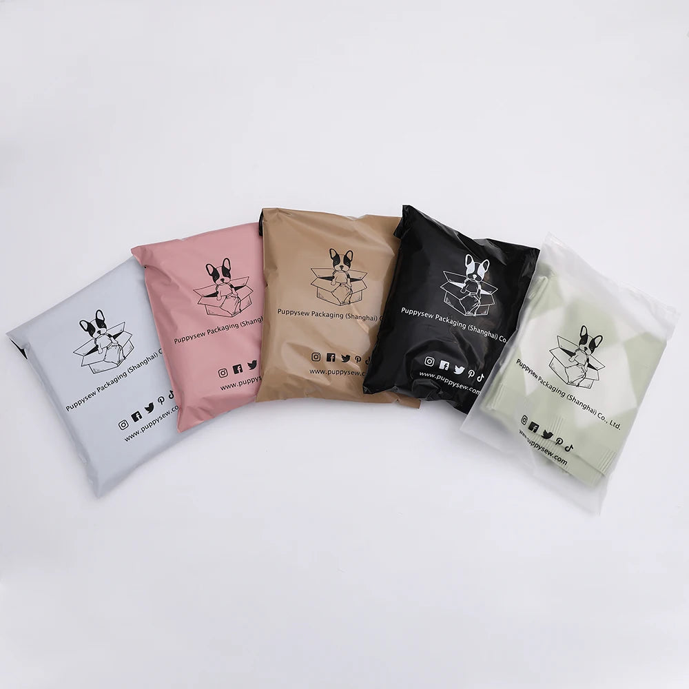 Assorted-color poly mailer shipping bags with printed logo and social icons