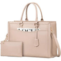 LOVEVOOK beige designer laptop tote for women. Structured 17-inch office handbag in faux leather with matching pouch.