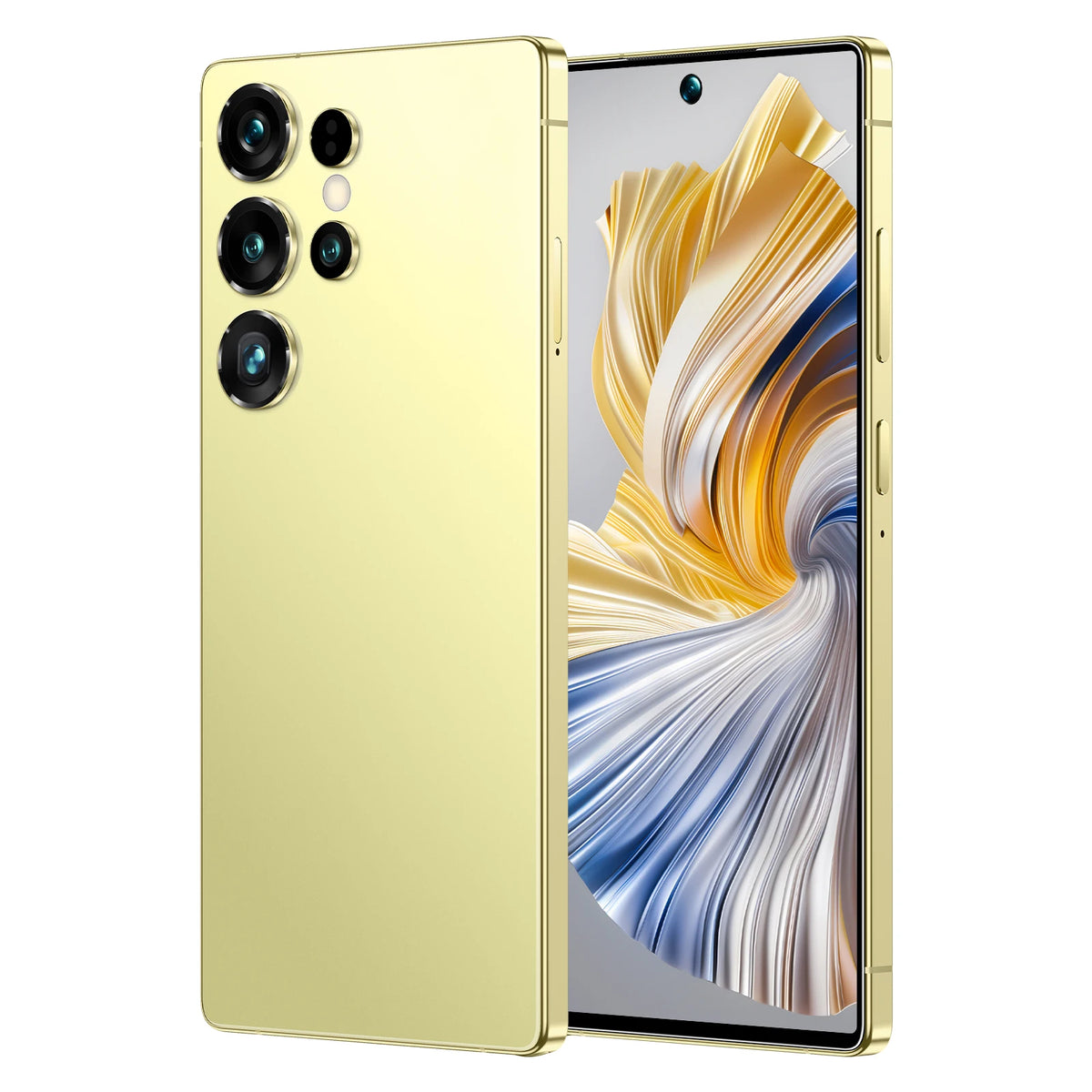 Ivory smartphone with triple rear cameras and front screen with gold and blue abstract waves