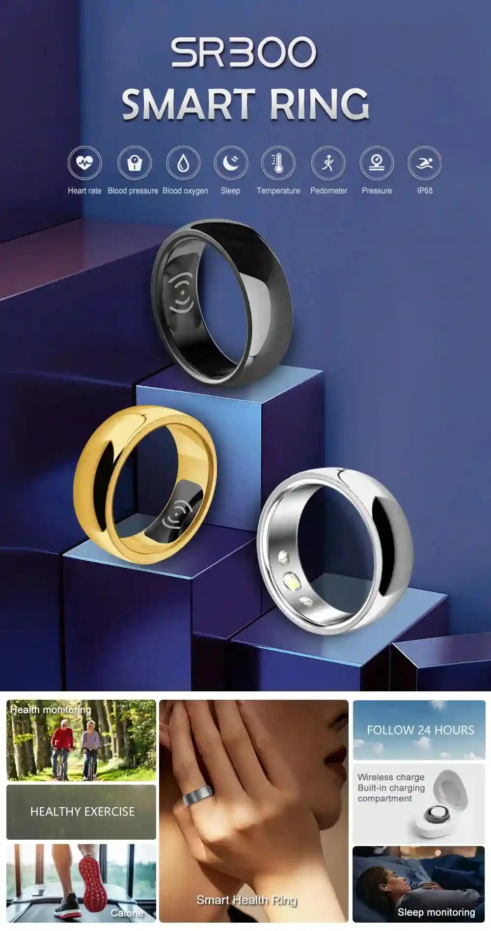 Smart Health Ring Fitness Tracker with Heart Rate & Oxygen Sensor Tidesmit