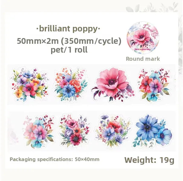 2M/Roll Kraft Paper Masking Pet Tape Meet Flower Sea Series Plant Hand Account Diy Material Decoration Loop Stickers 8 Models