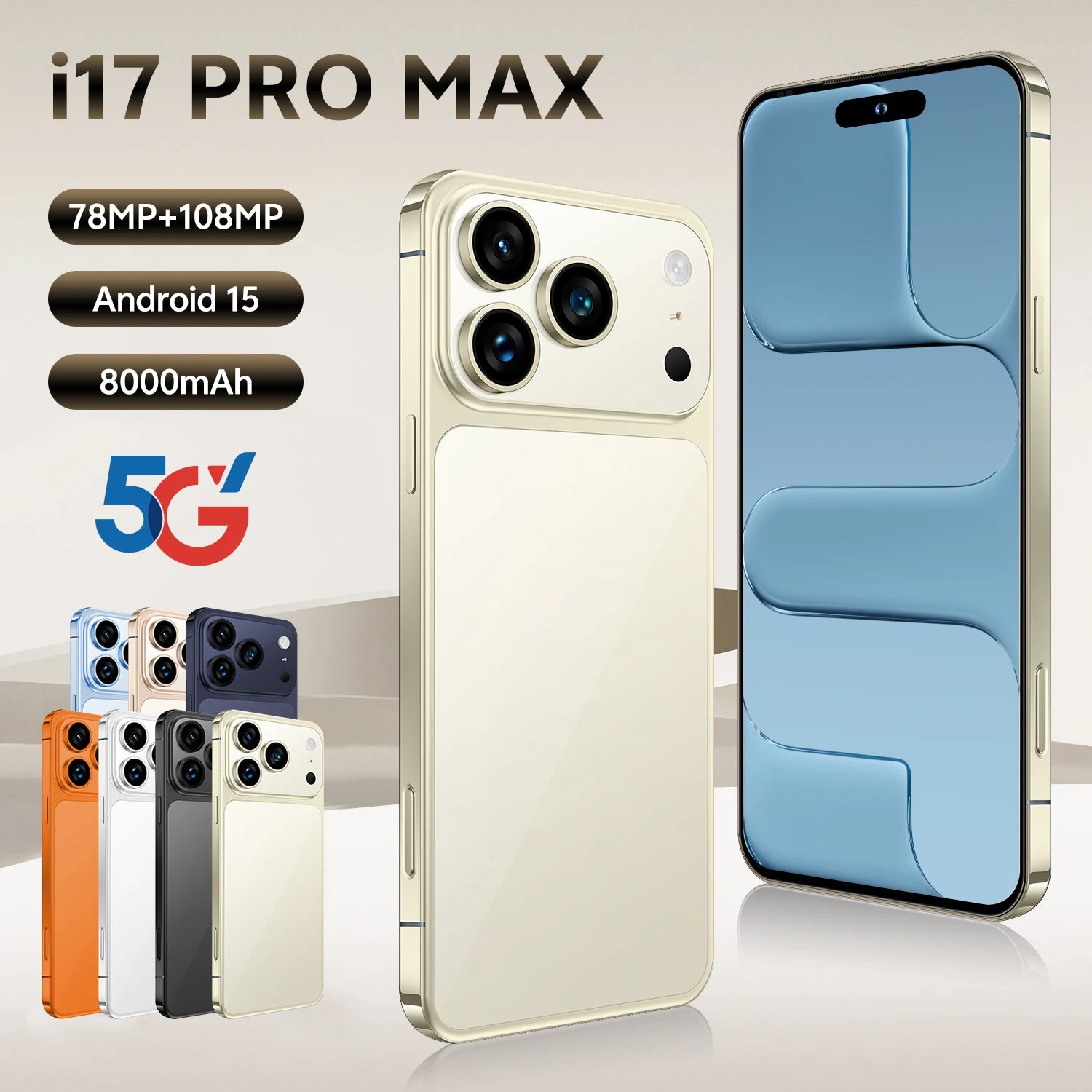I17 Pro Max 7.3 inch Android 15 smartphone with 108MP camera 16GB RAM 1TB storage and 8000mAh battery