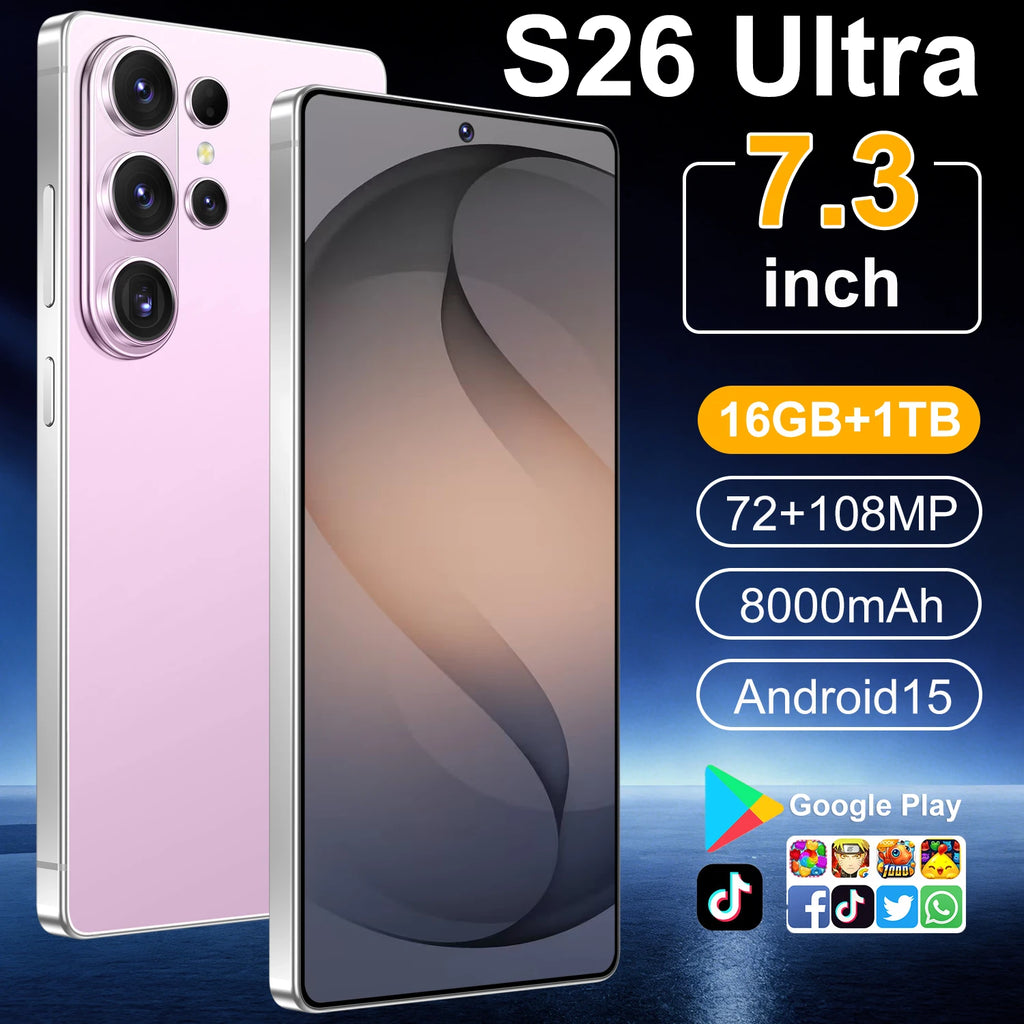 Original S26 Ultra 5G smartphone with 7.3 inch HD display, 16GB RAM, 1TB storage, and 108MP camera, silver model view 3