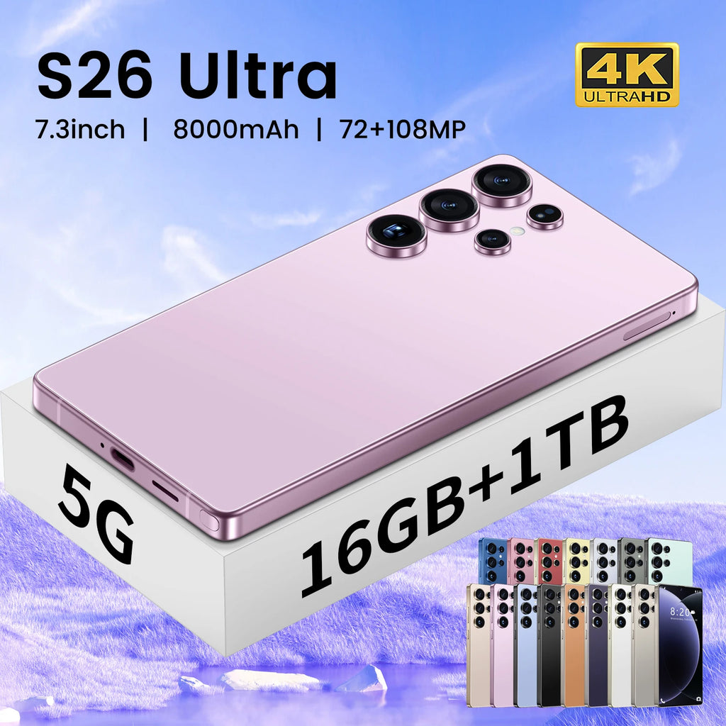 New S26 Ultra Original 5G Smartphone 7.3-Inch HD Screen 16GB+1TB Dual Card 72+108MP HD Beauty Camera Spanish Operating Language