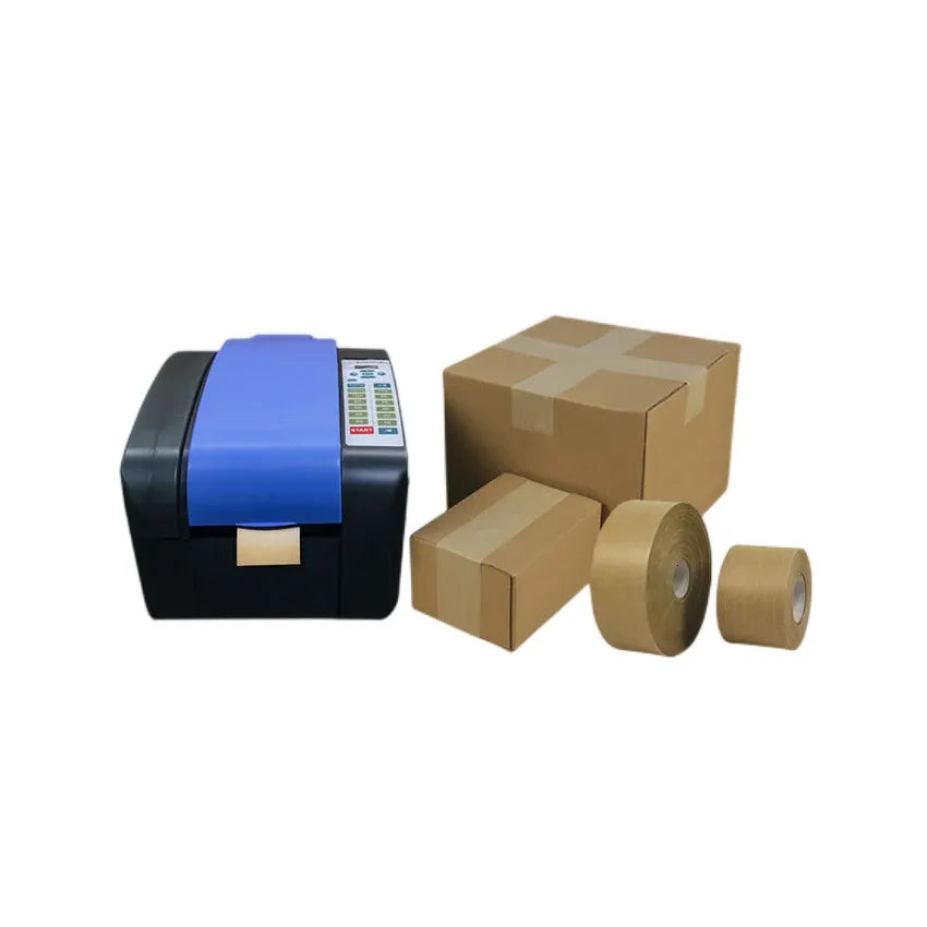 Electric tape dispenser with blue roll, black housing, and packing tape rolls with boxes