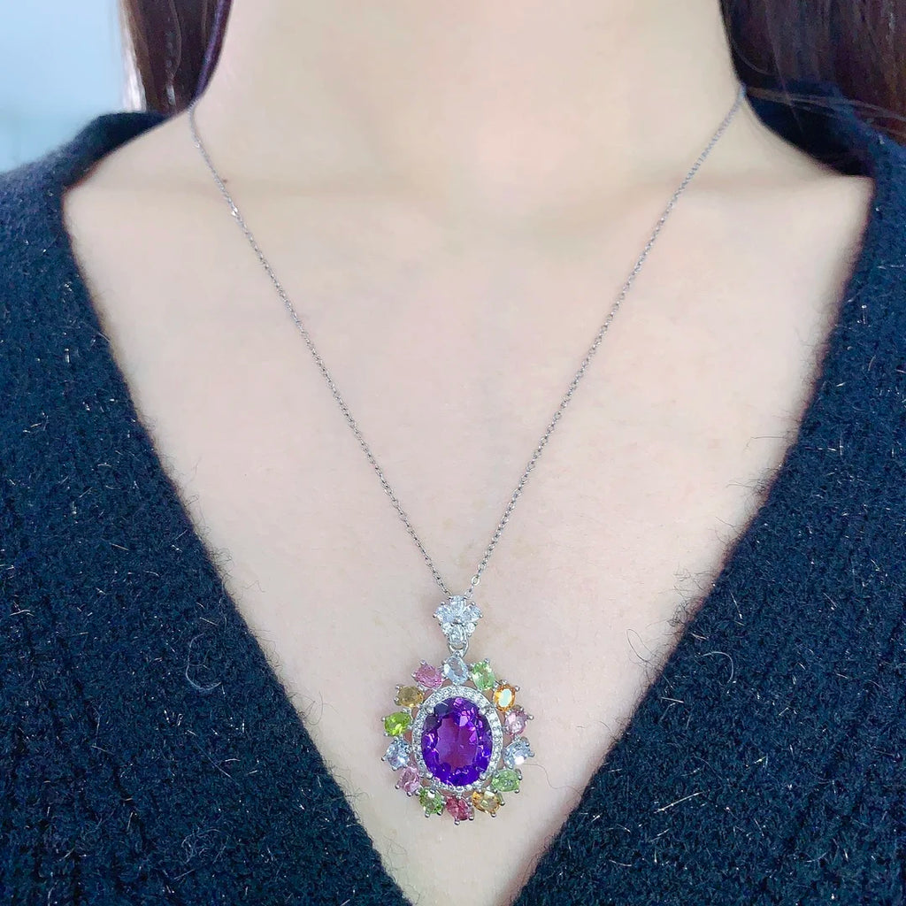 Women's 925 Sterling Silver Fine Jewelry Set Natural Tourmaline Amethyst for Parties Weddings