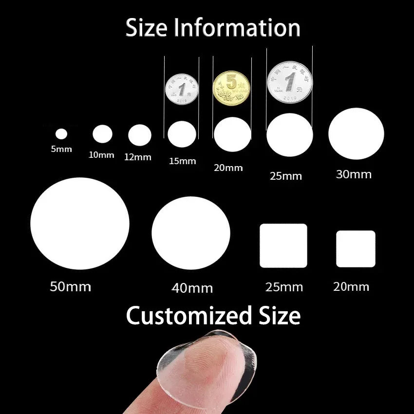 Size chart of transparent double-sided glue dots, showing round pad sizes up to 20mm
