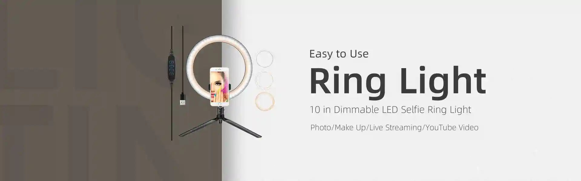10-inch dimmable LED ring light with a tripod stand and phone mount for photography, makeup, and video streaming.