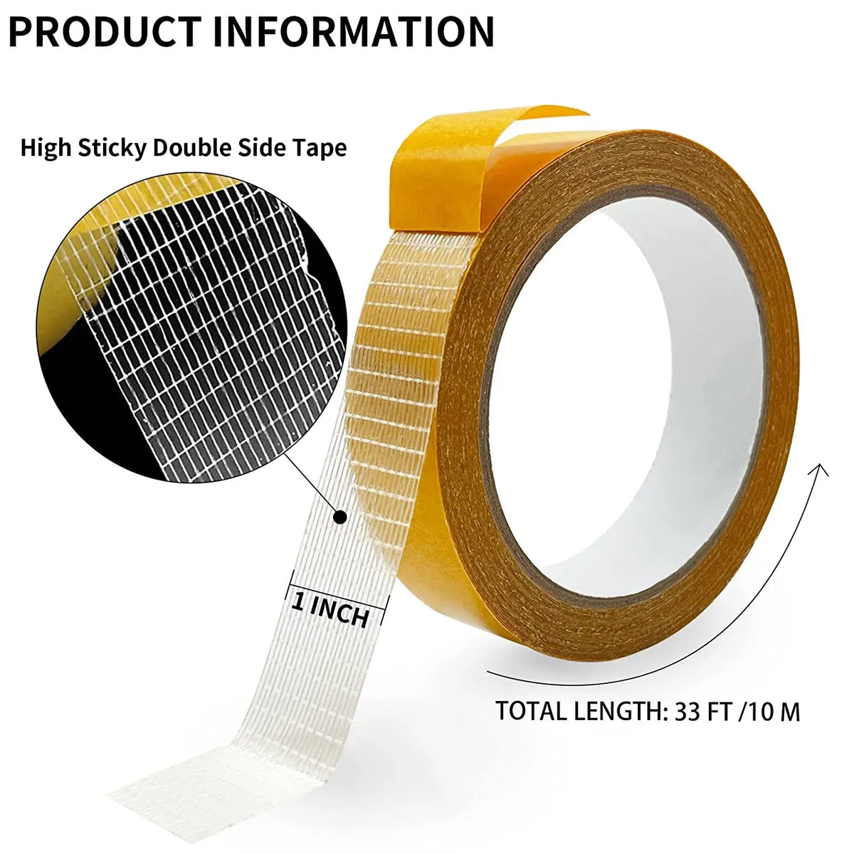 Tan-brown double-sided fabric carpet tape roll with grid release liner and adhesive strip