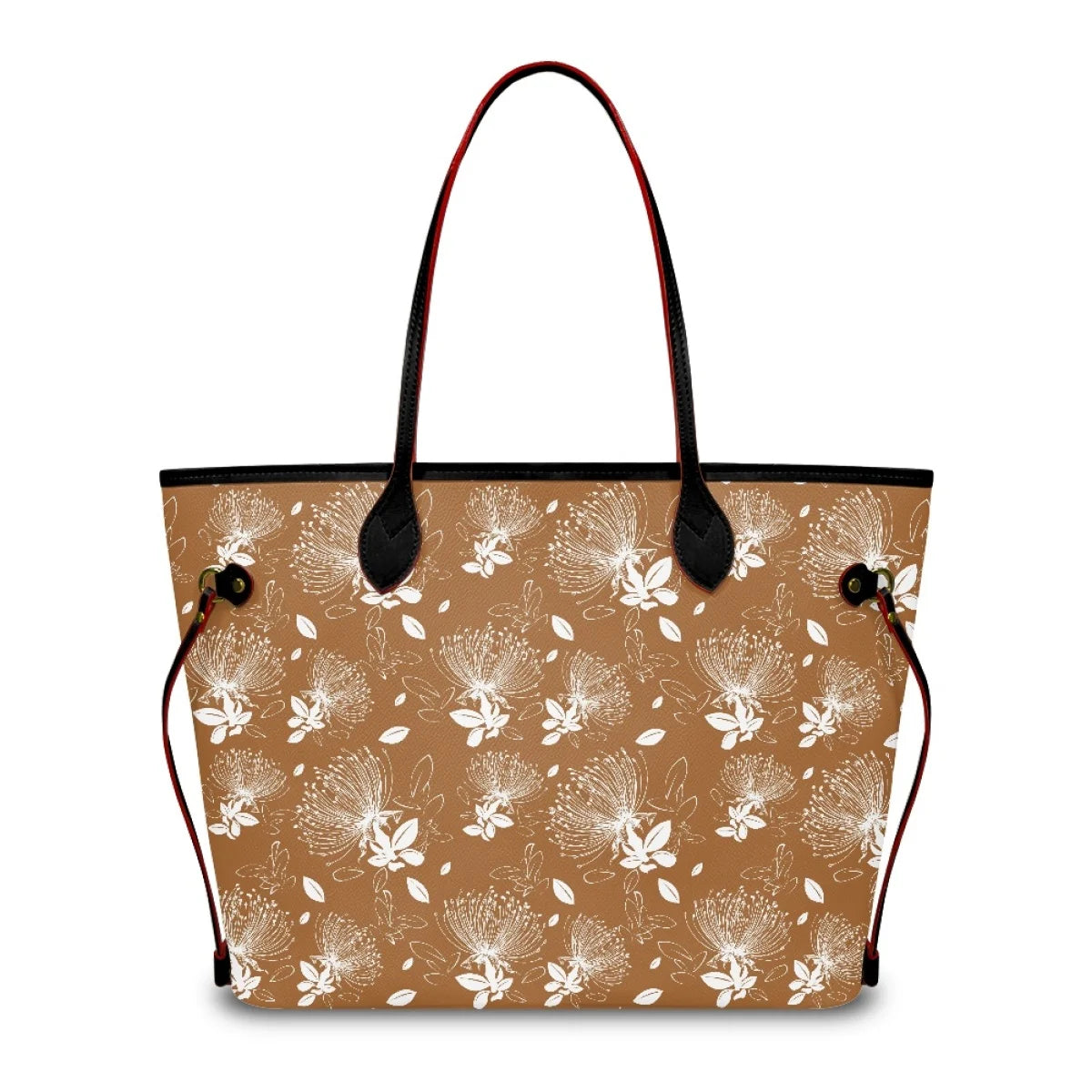 Luxury leather tote bag featuring a tan Ohia Lehua floral print, black handles, and a spacious designer shoulder style.