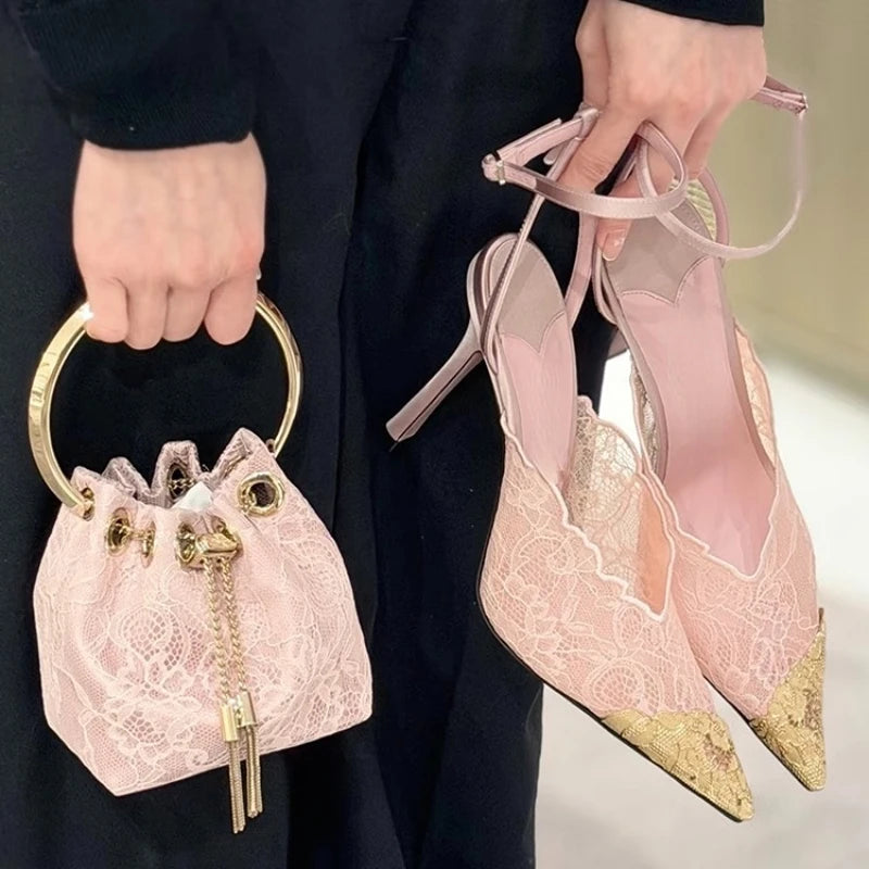Women's Elegant Black Lace Stiletto Heels Pointed Toe Ankle Strap Metallic Cap Party Wedding Pumps