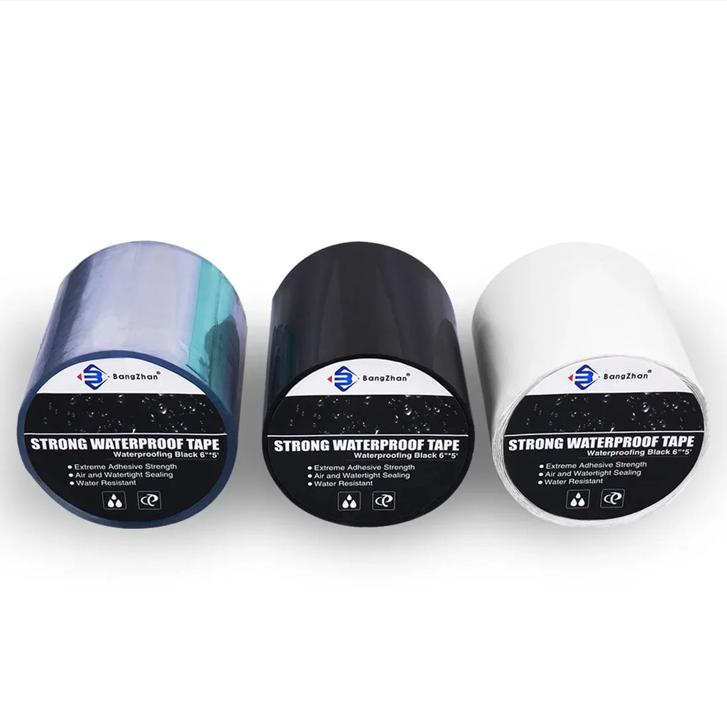 Assorted rolls of strong waterproof sealing tape in black, blue, and white