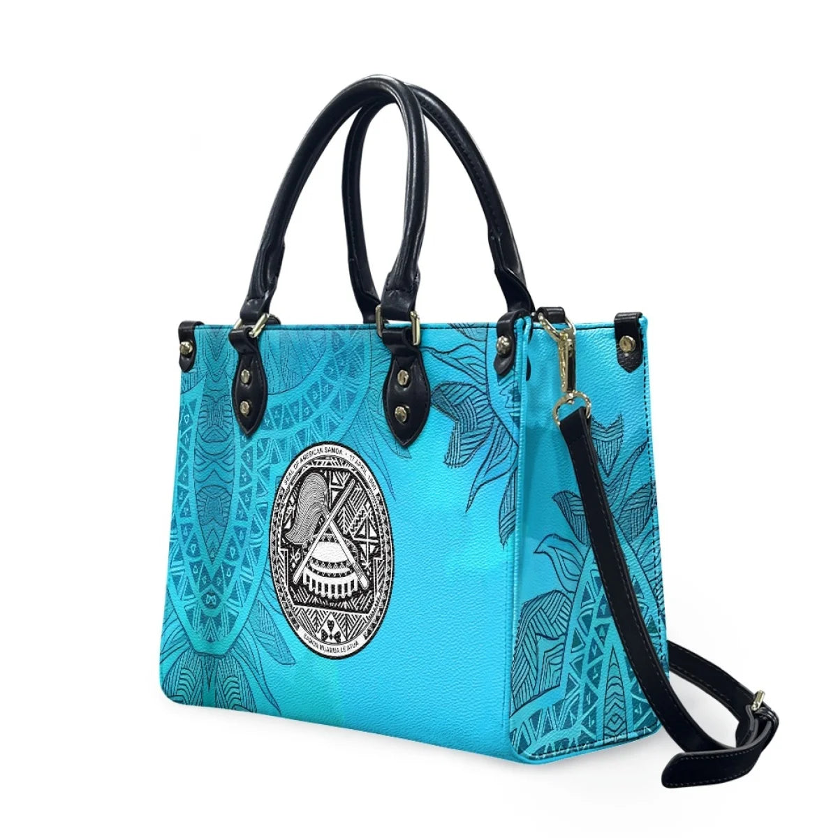Blue leather handbag with black handles, Samoan tribal floral print, and American Samoa seal, shoulder strap included.