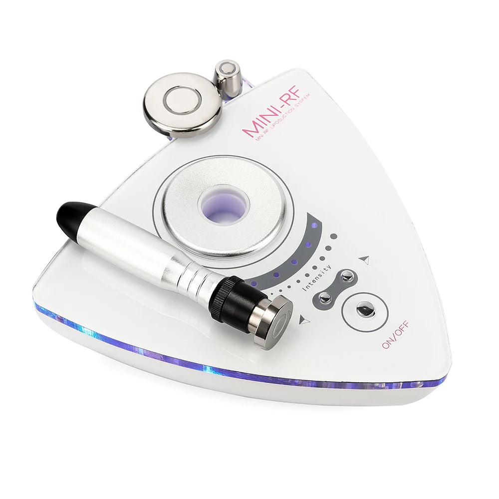 White triangular RF skin lifting device with a silver wand, intensity controls, and LED indicator lights.