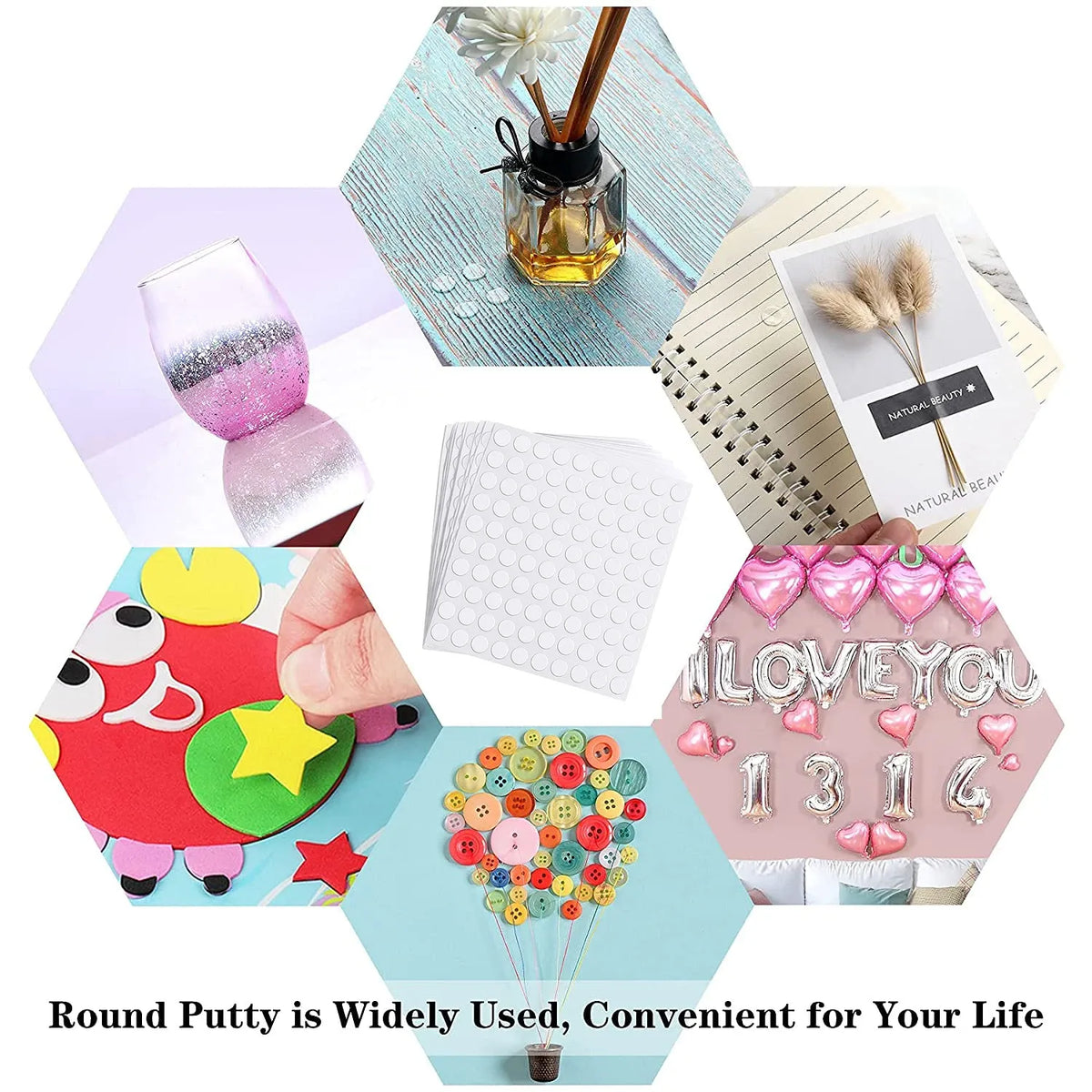 Transparent double-sided glue dots sheet for craft and decoration, shown with assorted items