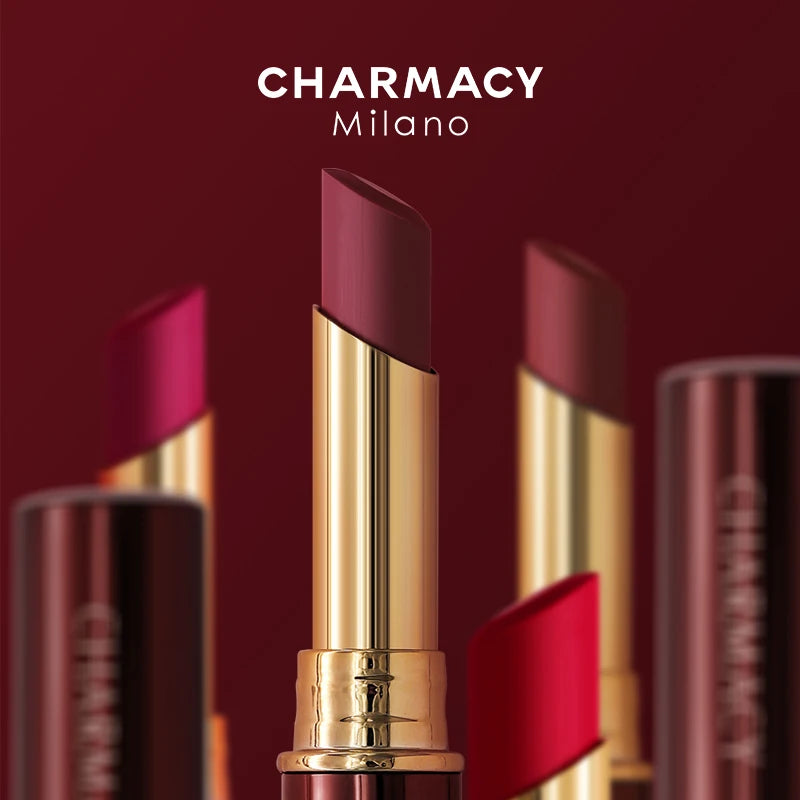CHARMACY long-lasting matte velvet lipsticks in golden tubes, showcasing multiple rich, vibrant, waterproof lip colors.