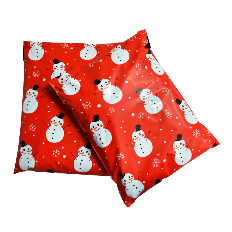 Red waterproof poly mailer with white snowman and snowflake print